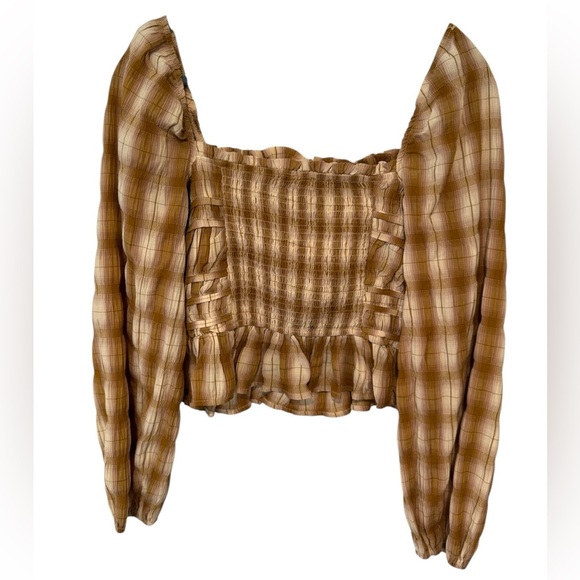 Bohme Brown Beige Plaid Smocked Blouse Size Large - Picture 2 of 13